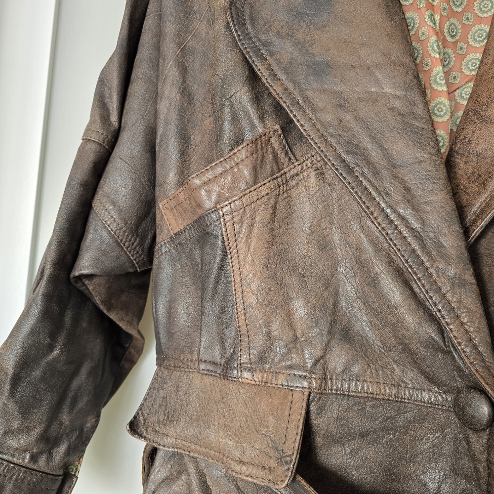 Winlit Vintage Leather Jacket Brown Cropped 80s Style Genuine Made in Korea M - Picture 5 of 17